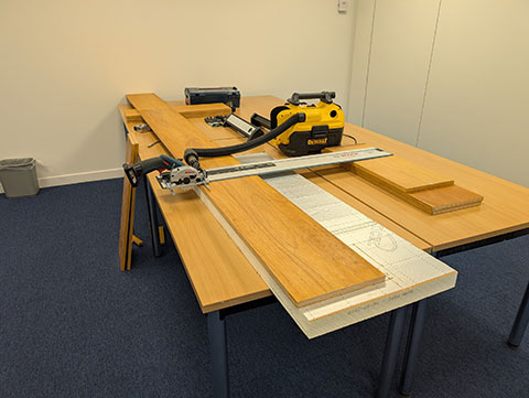 Breaking down 1970s hardwood ply shelving discarded by my workplace